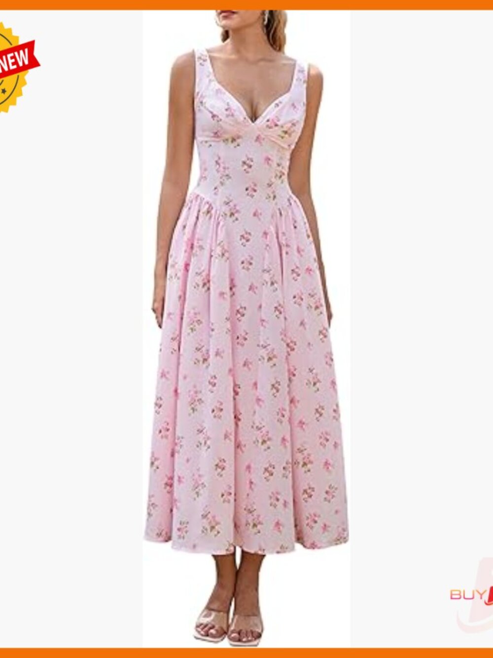 Floral Midi Dress With Corset V-Neck Smocked Waist Beach Wedding Guest
